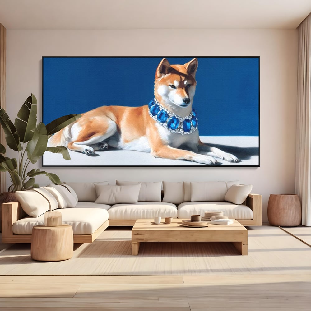 Tablou canvas cu tablou canvas cu caine portret si colier, in rama de aluminiu negru, pe perete intr-un living